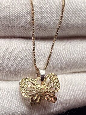 14K Two Tone Gold Butterfly Pendant With 0.8mm Box Chain - 24  inch